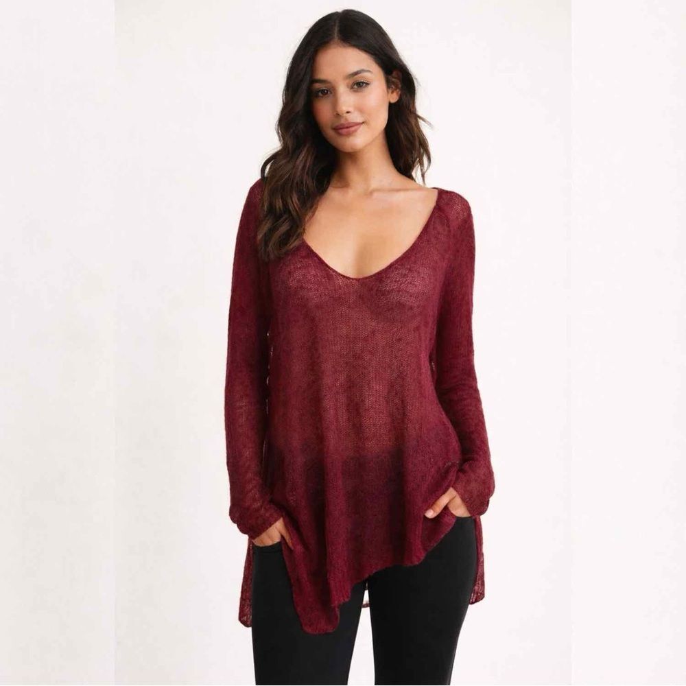 Eileen Fisher Soft Deep Red V-Neck Fuzzy Wool Sheer Tunic Long Sleeve Sweater